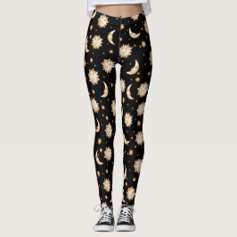 Kelestial Sol och Måne Guld Black Mönster Leggings