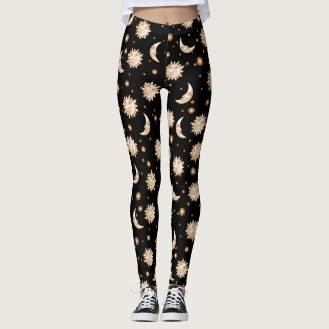 Kelestial Sol och Måne Guld Black Mönster Leggings (Framsida)