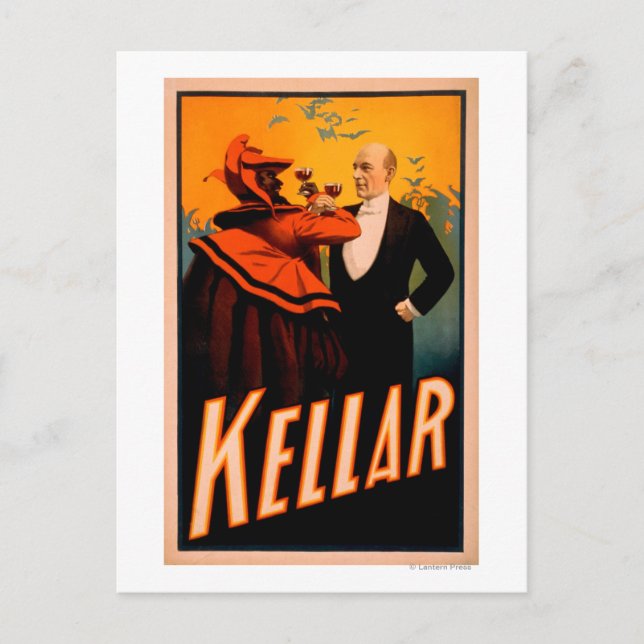 Kellar Magician Drinking Vin med Djävulen Vykort (Framsida)