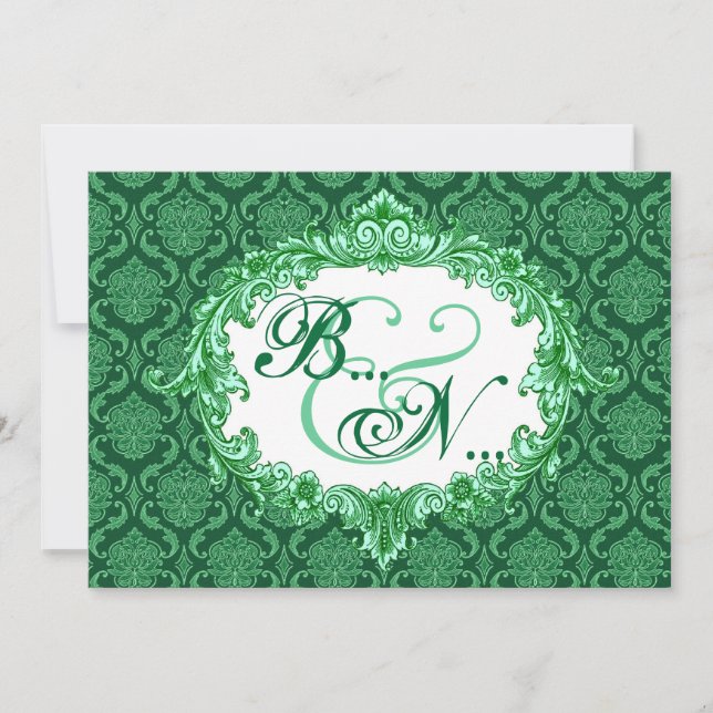 Kelly Grönt Damask Monogram Bröllop-mall Inbjudningar (Framsida)