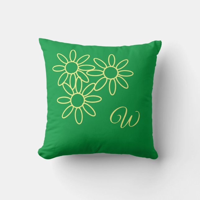 Kelly Grönt Flower och Monogram Kudde (Framsida)