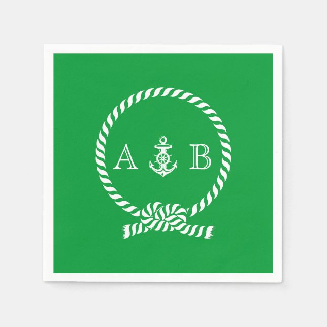 Kelly Grönt Nautical Rope och Anchor Monogrammed Pappersservett (Framsidan)