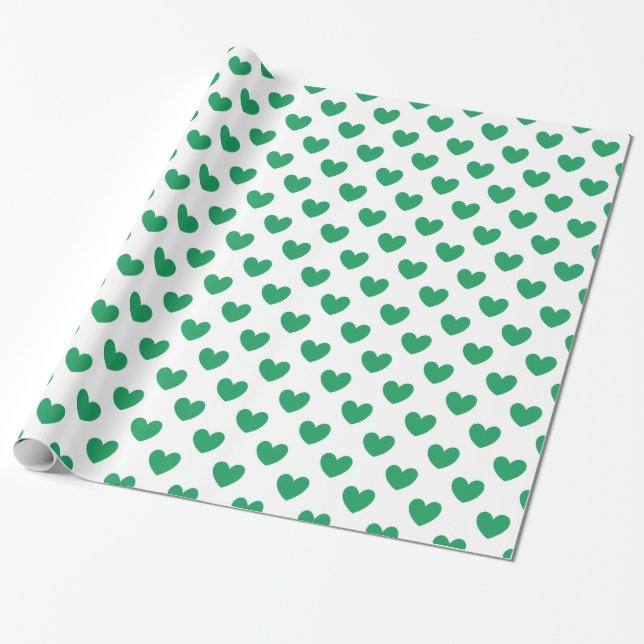 Kelly grönt Polka-hjärtan på vita Presentpapper (Utrullad)