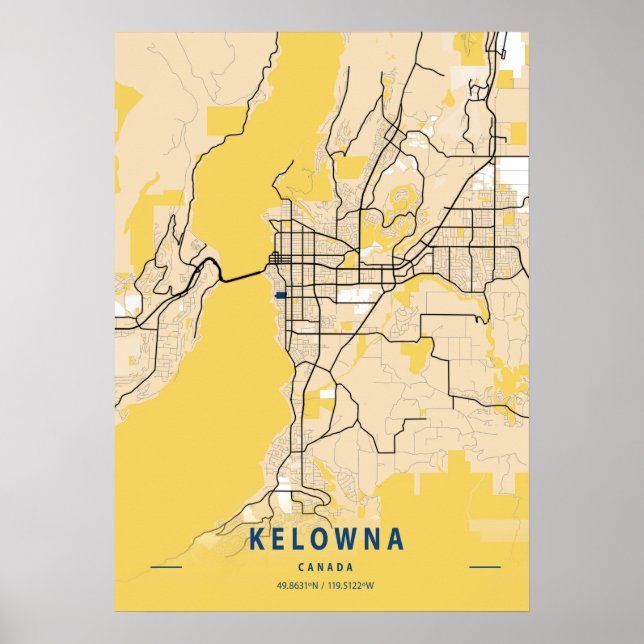 Kelowna - Kanada Gult City Karta Poster (Framsidan)