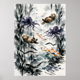 Kelp skog Sumi-e Akvarell Konst Poster