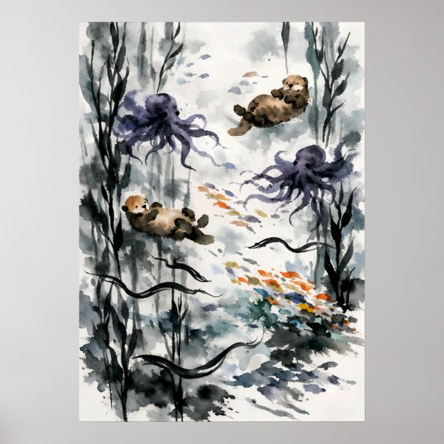 Kelp skog Sumi-e Akvarell Konst Poster (Framsidan)