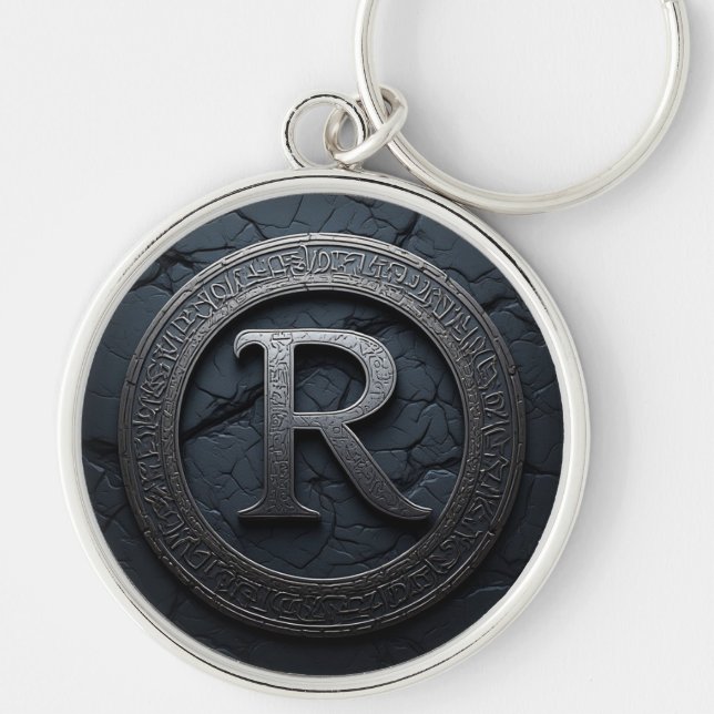 ⚫ Keltisk Bokstav R Monogram Emblem Design ⚫ Rund Silverfärgad Nyckelring (Framsidan)