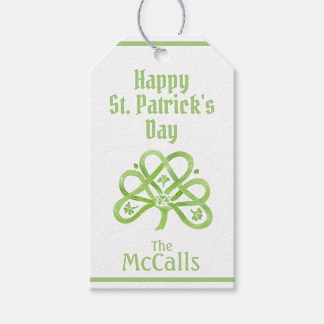 Keltisk grön akvarell shamrock NAMN St Patricks  Presentetikett (Framsidan)