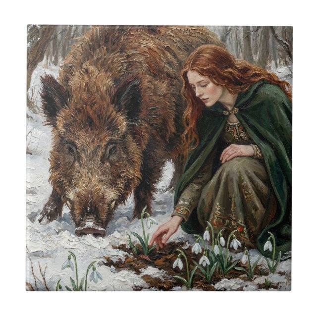 Keltisk gudinna & vildsvin kakelplatta (Framsidan)