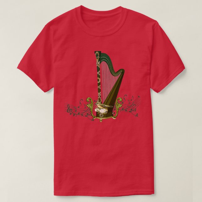 Keltisk harp med keltisk knut och blommor med fåge t shirt (Design framsida)