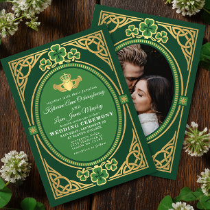 Keltisk Knut Claddagh Shamrock Bröllop Grön Foto Inbjudningar