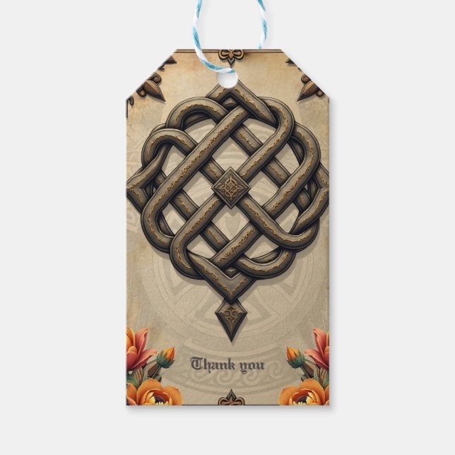 Keltisk konst och blomsterskrud i varma toner presentetikett (Framsidan)