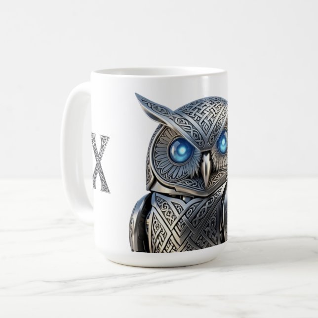 Keltisk Mekanisk Uggla Silver Steampunk Kaffemugg (Framsida vänster)