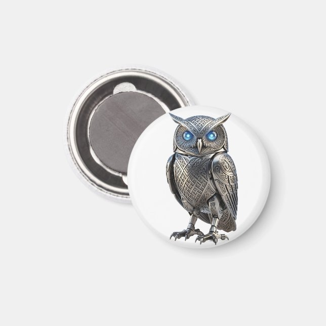 Keltisk Mekanisk Uggla Silver Steampunk Magnet (Front/Back)