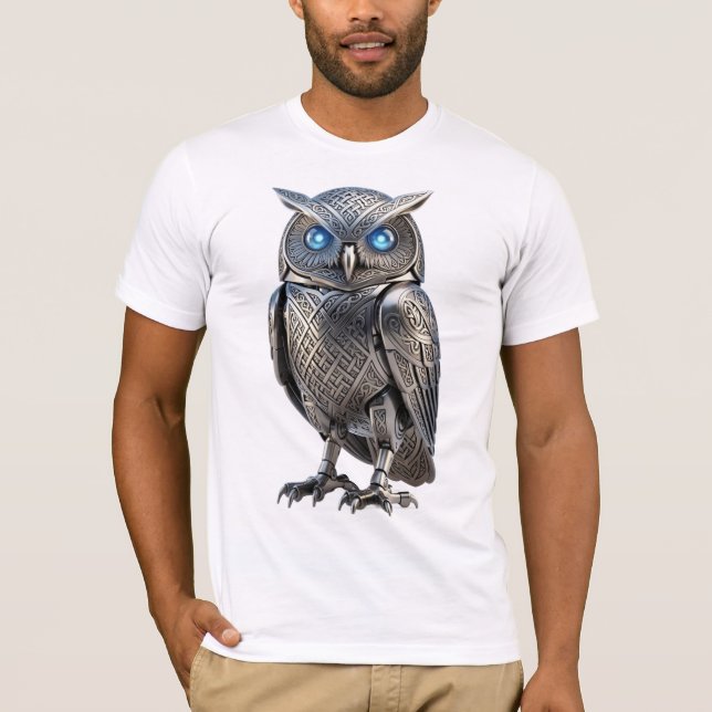 Keltisk Mekanisk Uggla Silver Steampunk T Shirt (Framsida)
