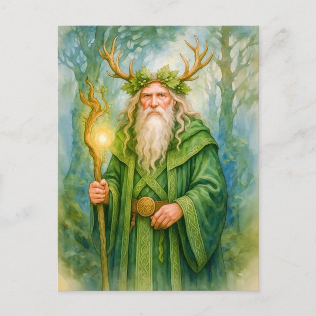 Keltisk skogsdruid med hornkrone helg vykort (Framsida)