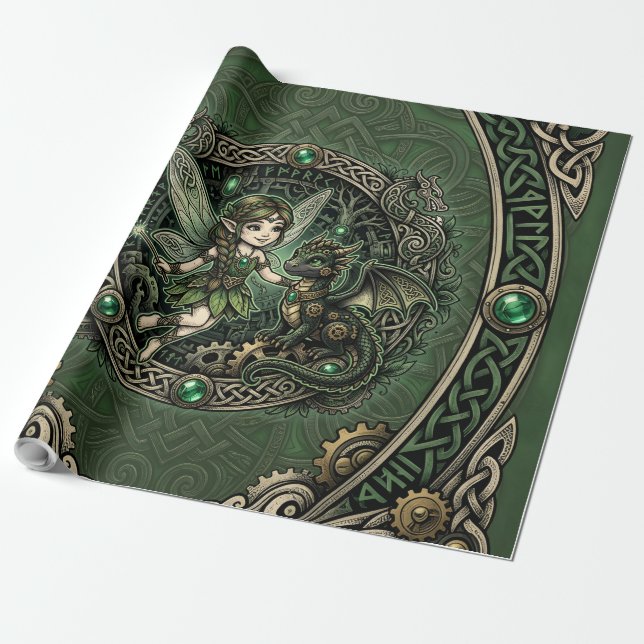 Keltisk Smaragd Fågel & Drak – Förtrollad Fantasy. Presentpapper (Utrullad)