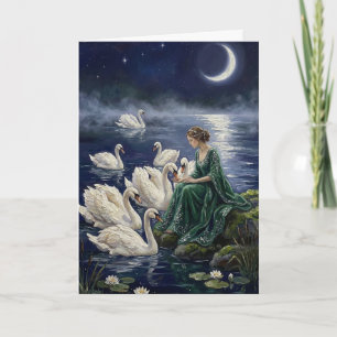 Keltiska svanars månbelysta sjö natt fantasi konst kort