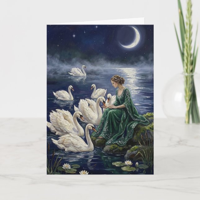 Keltiska svanars månbelysta sjö natt fantasi konst kort (Framsida)