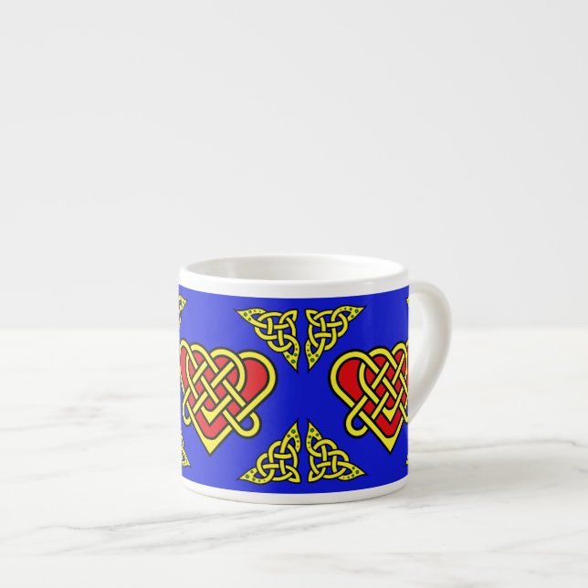 Keltiskt/Gadhlig flätat hjärtknut, guld, blå Espressomugg (Framsida höger)