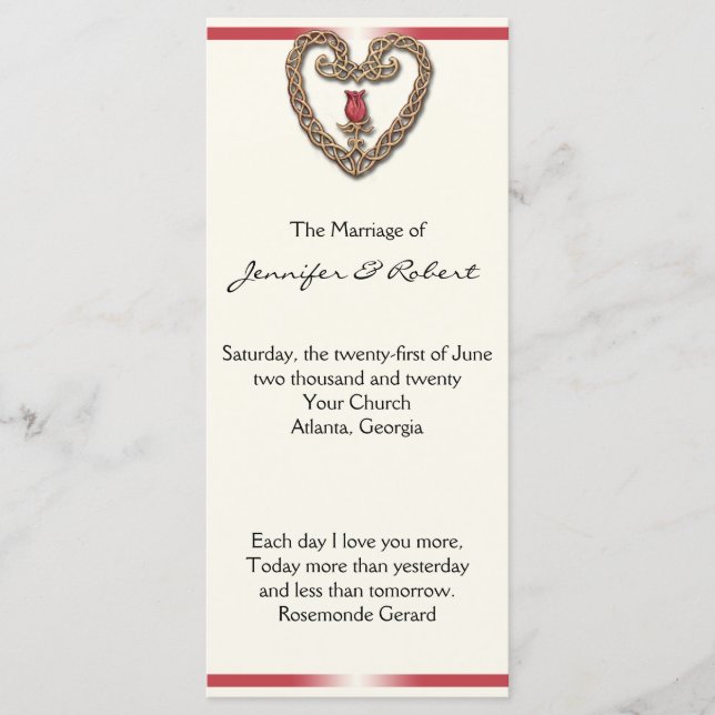 Keltiskt hjärta med röd ros Bröllopsprogram Program (Framsida)