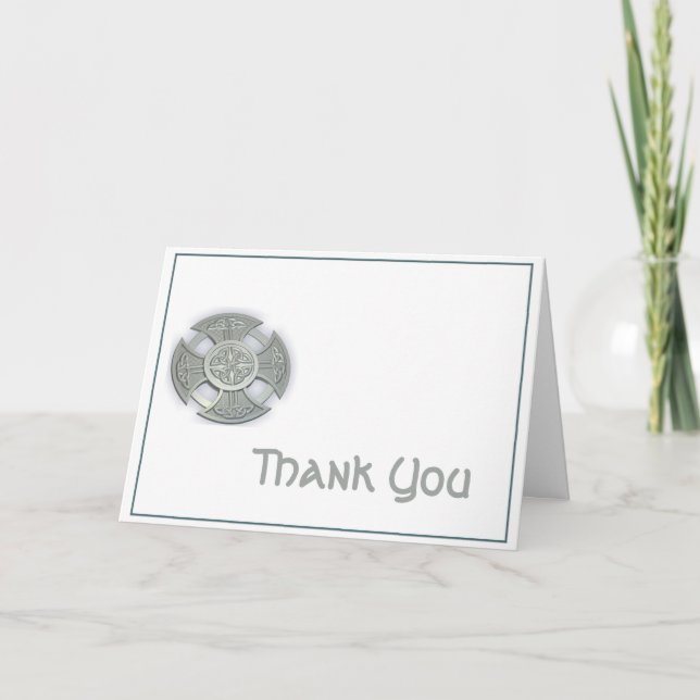 Keltiskt kors i silver och vitt tack kort (Framsida)