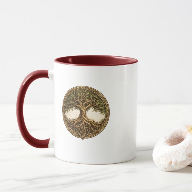 Keltiskt Livsträd Tvåtons Maroon Kaffemugge Mugg (Med munk)