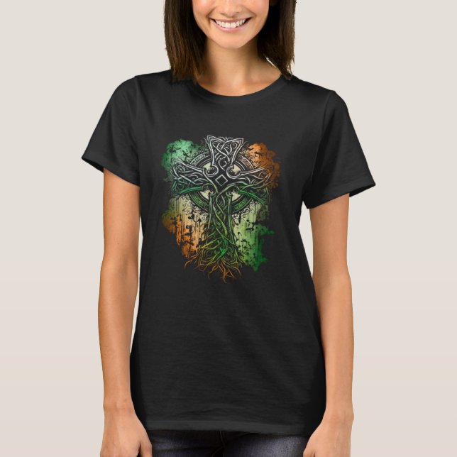 Keltiskt stiliserat kors med irländska flaggans fä t shirt (Framsida)