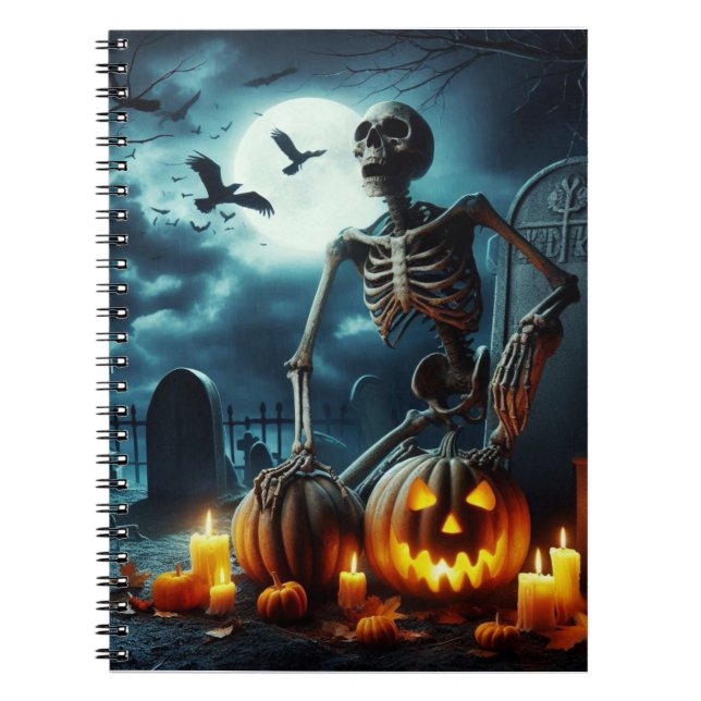 Kemeteri, skelett sitta på en grav. anteckningsbok (Framsidan)