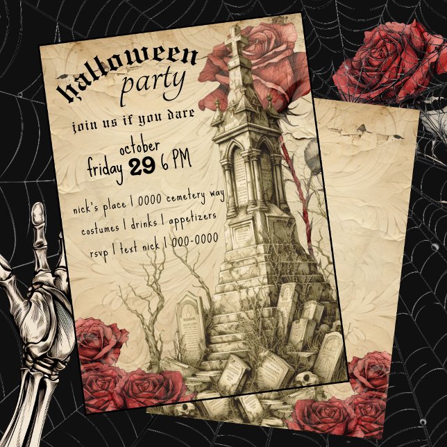 Kemeterscenen | Victorian Ro | Halloween Inbjudningar (Victorina gothic cemetery with roses Halloween Costume party customizable invitation. )