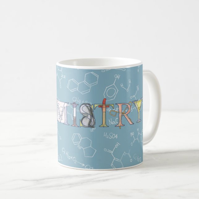 Kemikaliediagram och typografi (blått) kaffemugg (Framsida höger)