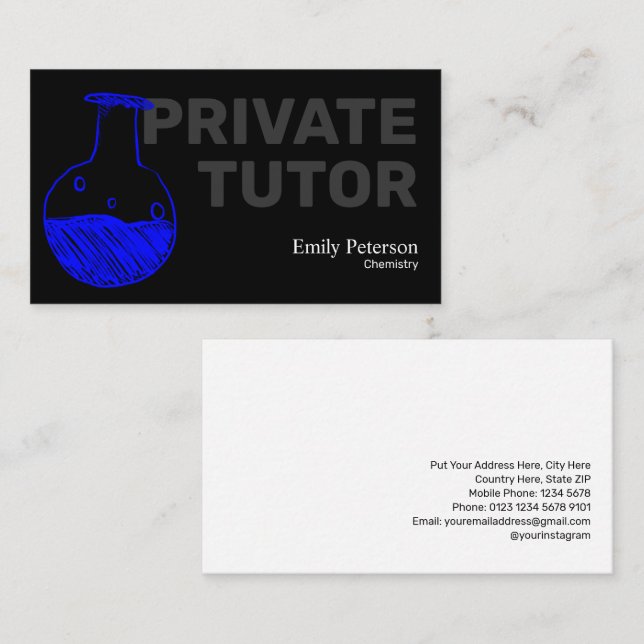 Kemiskt privat Tutor Blue Flask Sketch Black Visitkort (Fram/baksida)