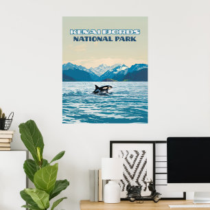 Kenai Fjords National Park Orca Alaska Vintage Poster