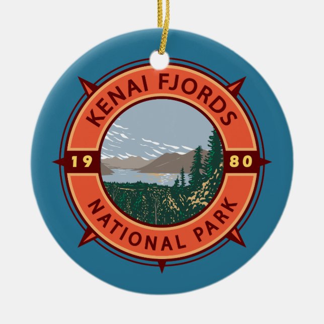 Kenai Fjords National Park Retro Compass Emblem Julgransprydnad Keramik (Framsidan)