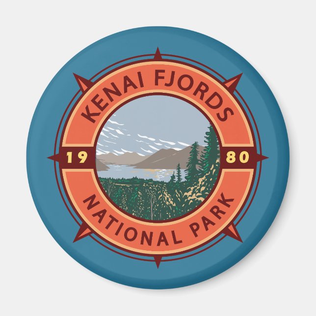 Kenai Fjords National Park Retro Compass Emblem Magnet (Framsidan)