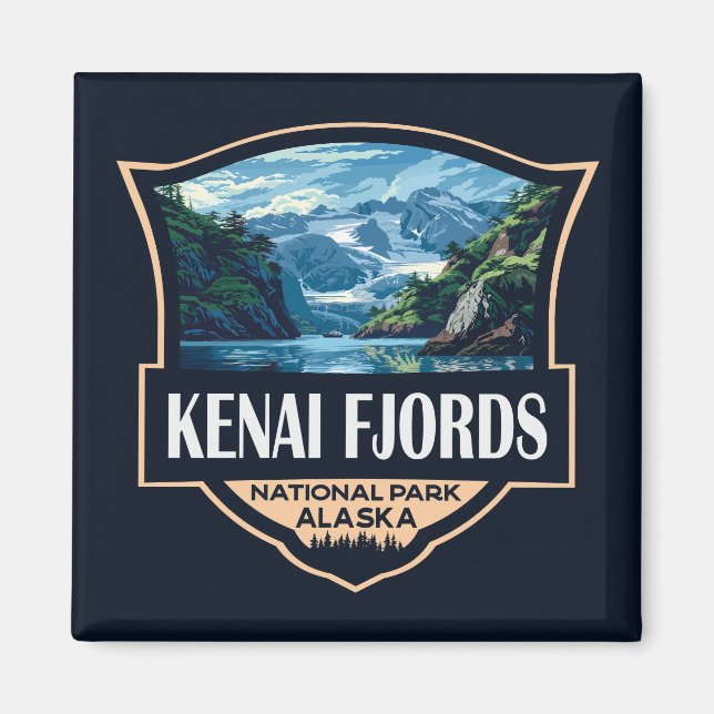 Kenai Fjords nationalpark Illustration Retro Art Magnet (Framsidan)