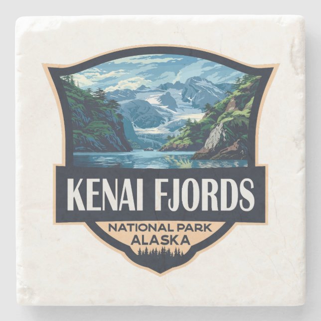 Kenai Fjords nationalpark Illustration Retro Art Stenunderlägg (Framsidan)
