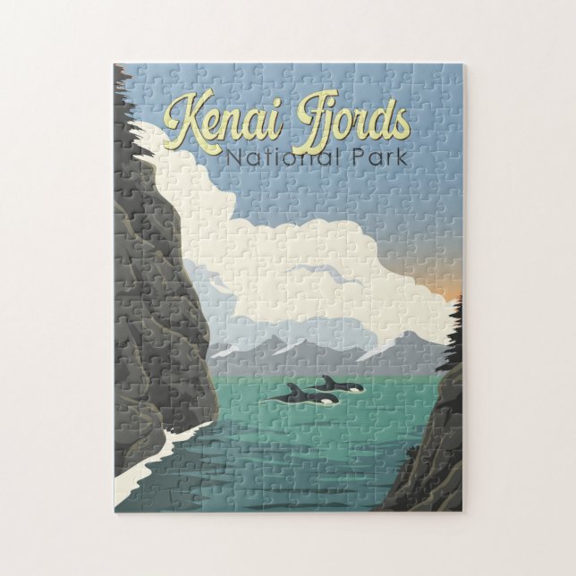 Kenai Fjords nationalpark Illustration Travel Art Pussel (Vertikal)