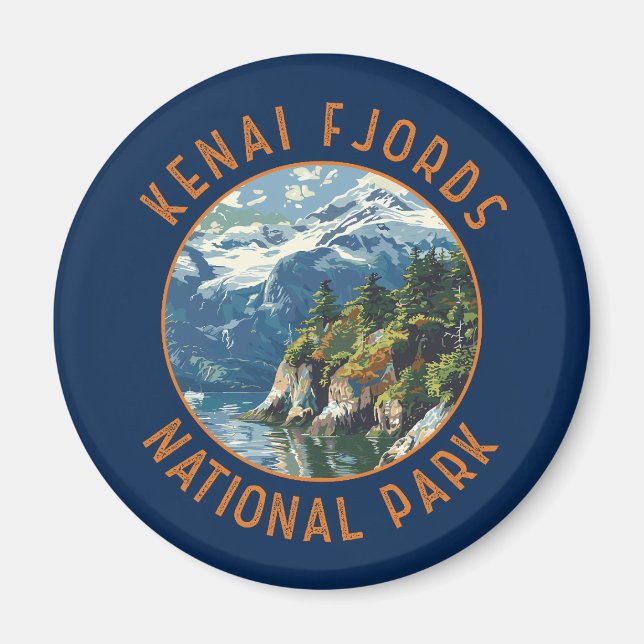 Kenai Fjords nationalpark Retro Distress Circle Magnet (Framsidan)