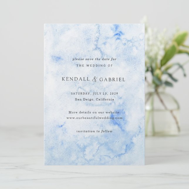 Kendall Blue Watercolor Elegant bröllop Spara Datumet (Stående Fram)