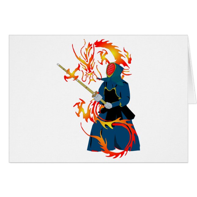 Kendo Swordsman och Fire Dragon Hälsningskort (Framsidan Horizontal)