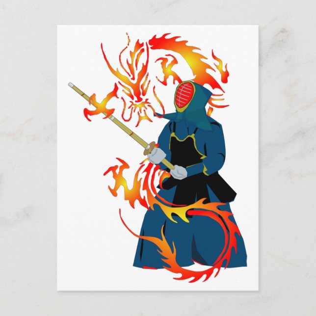 Kendo Swordsman och Fire Dragon Vykort (Framsida)