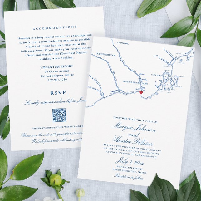 Kennebunkport All-in-One QR-kod OSA Bröllop Inbjudningar (These double sided Kennebunkport Wedding invitations save paper and stamps with a QR code RSVP)