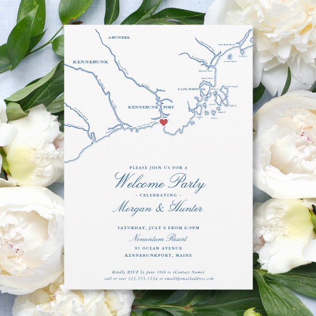 Kennebunkport Maine Elegant bröllaks välkomstfest Inbjudningar (Kennebunkport Maine Wedding Welcome Party Invitations with elegant navy blue map )