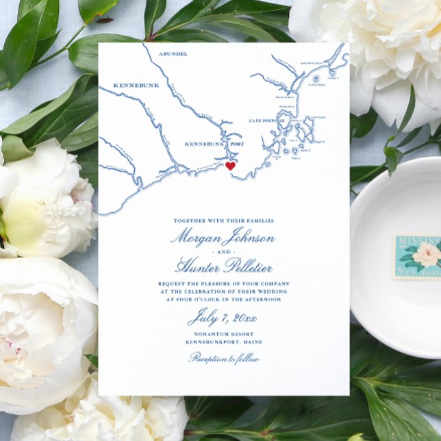 Kennebunkport Maine Elegant Marin Kartbröllop Inbjudningar (Navy Blue Kennebunkport Map Wedding invitations for a destination wedding at Nonantum Resort)