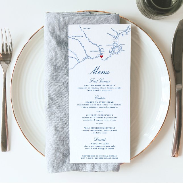 Kennebunkport Maine Karta Elegant Navy Bröllop Meny (These navy blue Kennebunkport map wedding menus are perfect for your destination wedding to Maine)