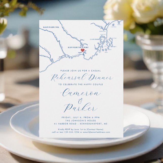 Kennebunkport ME Avslappnad Bröllop Rehearsal Dinn Inbjudningar (Kennebunkport Maine Casual Wedding Rehearsal Dinner Invitation in Navy Blue from Coastal Map Designs)