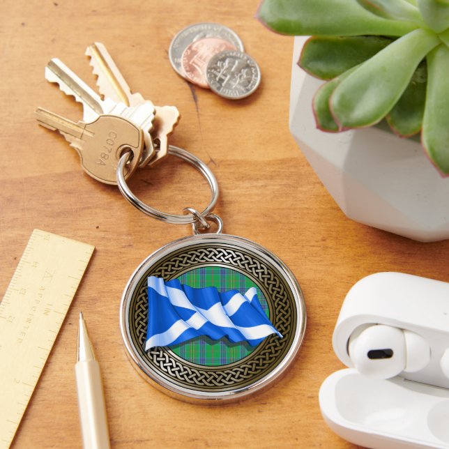 Kennedy-klanens tartan-knut och flagga rund silverfärgad nyckelring (Skrivbord)