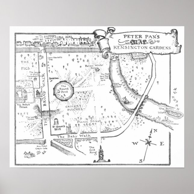 Kensington Gardens Peter Pan B & W Karta Poster (Framsidan)