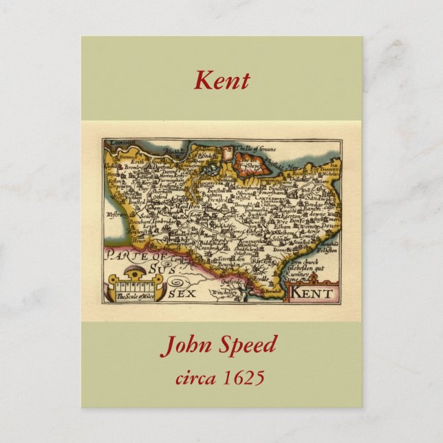 Kent County England Old Antiquarian John Speed Kar Vykort (Framsida)